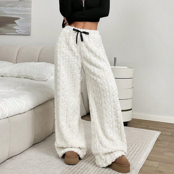 White Casual Women's Christmas & Black Patch Waist Band Wide Leg Loose Pants